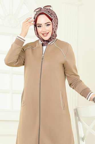 moda selvim Şerit Detay Tesettür Takım 9161PLK541 Latte - Thumbnail