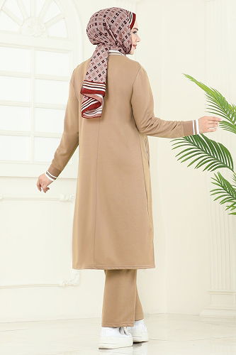 moda selvim Şerit Detay Tesettür Takım 9161PLK541 Latte - Thumbnail