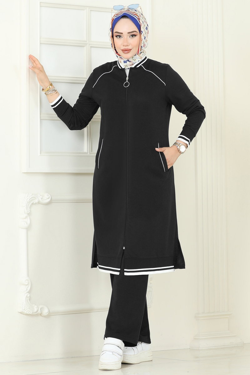 Şerit Detay Tesettür Takım 9161PLK541 Siyah