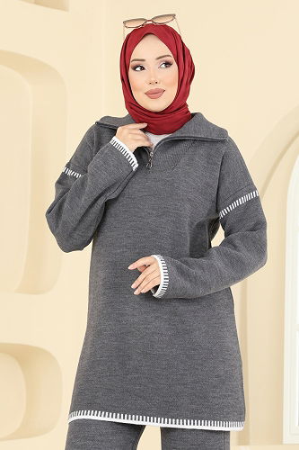 moda selvim Şerit Detay Triko Takım 2759AYD574 Antrasit - Thumbnail