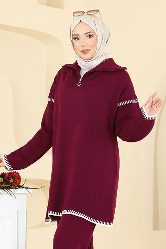 moda selvim Şerit Detay Triko Takım 2759AYD574 Bordo - Thumbnail