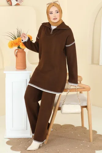 A.Y.D. - Şerit Detay Triko Takım 2759AYD574 Kahve