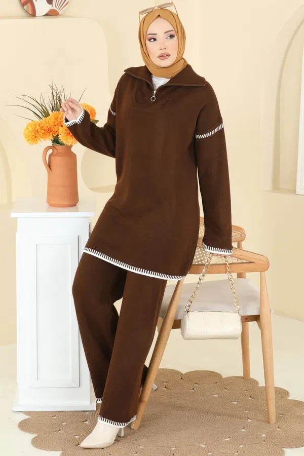Modaselvim Kombin Şerit Detay Triko Takım 2759AYD574 Kahve