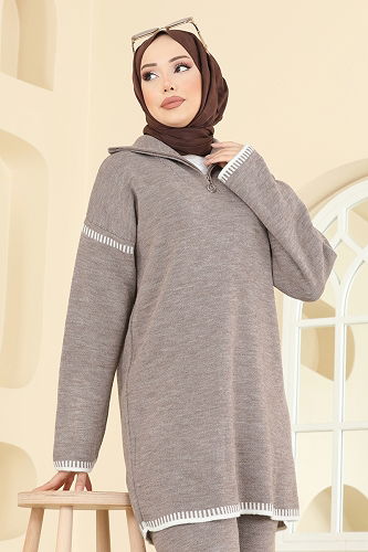 moda selvim Şerit Detay Triko Takım 2759AYD574 Koyu Vizyon - Thumbnail