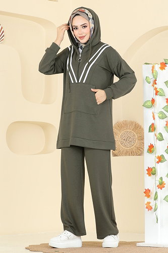 moda selvim Şerit Detay Yarım Fermuarlı Takım 3206HBS856 Haki - Thumbnail