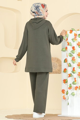 moda selvim Şerit Detay Yarım Fermuarlı Takım 3206HBS856 Haki - Thumbnail