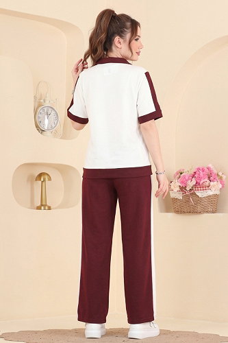 moda selvim Şerit Detaylı 2 li Takım 2807AYD574 Bordo - Thumbnail