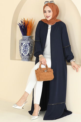 moda selvim Şerit Detaylı Fermuarlı Ferace 0503ORG1169 Laci - Thumbnail