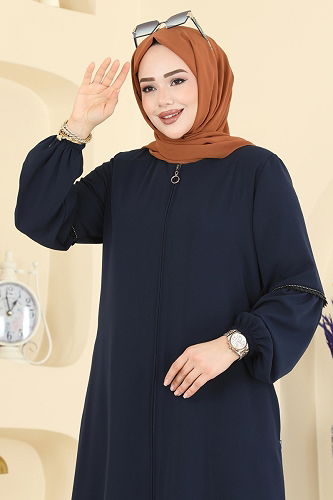 moda selvim Şerit Detaylı Fermuarlı Ferace 0503ORG1169 Laci - Thumbnail