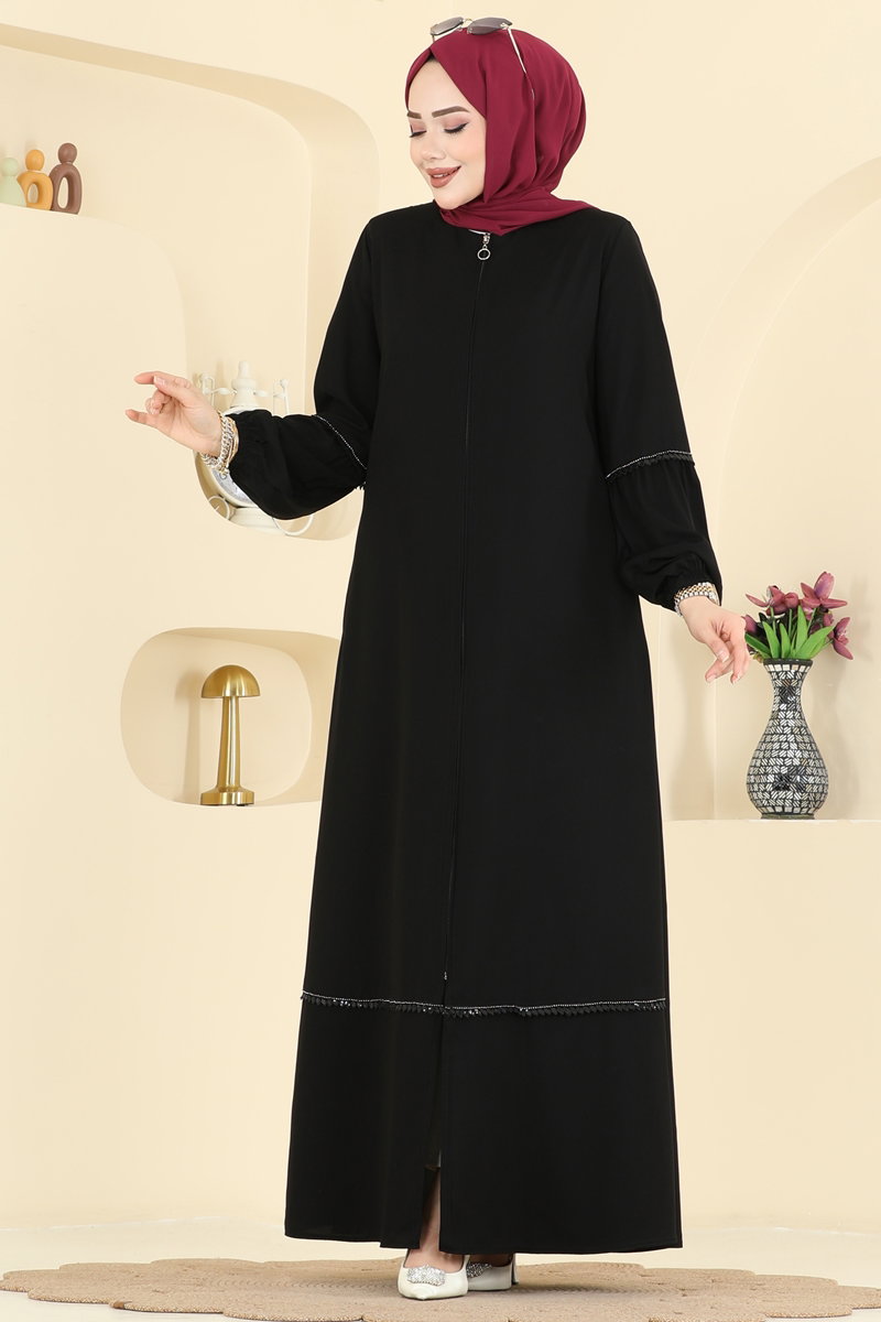 Şerit Detaylı Fermuarlı Ferace 0503ORG1169 Siyah