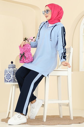 moda selvim Şerit Detaylı İki İp Takım 2751SL432 Bebe Mavi&Laci - Thumbnail