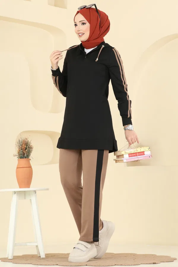 Modaselvim Kombin Şerit Detaylı İki İp Takım 2751SL432 Siyah&Koyu Vizyon