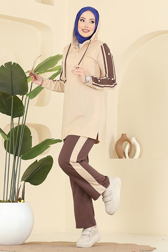 moda selvim Şerit Detaylı İki İp Takım 2751SL432 Taş&Pudra Vizyon - Thumbnail