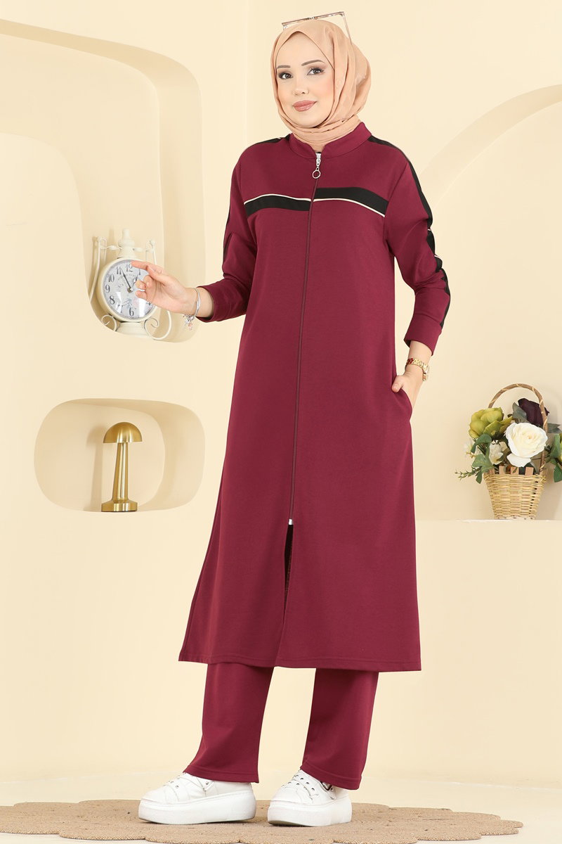 Şerit Detaylı İki İplik Takım PL9194 Bordo