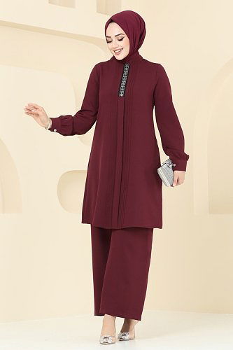 moda selvim Şerit Detaylı İkili Takım 9009TRT545 Bordo - Thumbnail