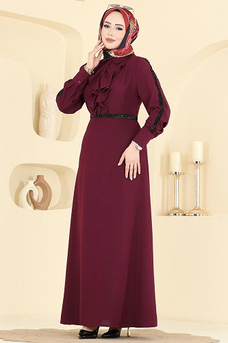 moda selvim Şerit Detaylı İthal Krep Elbise 346ASN888 Bordo - Thumbnail