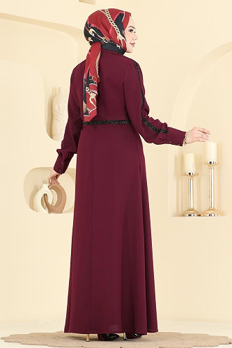 moda selvim Şerit Detaylı İthal Krep Elbise 346ASN888 Bordo - Thumbnail