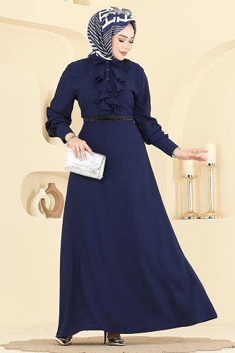 moda selvim Şerit Detaylı İthal Krep Elbise 346ASN888 Laci - Thumbnail