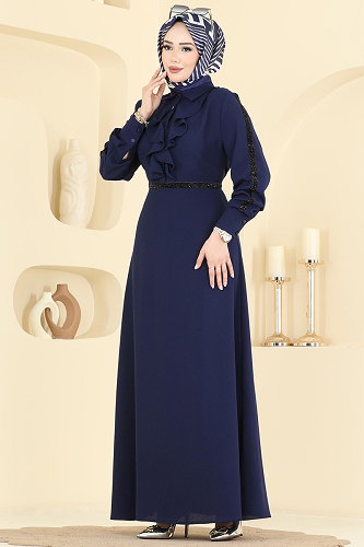 moda selvim Şerit Detaylı İthal Krep Elbise 346ASN888 Laci - Thumbnail
