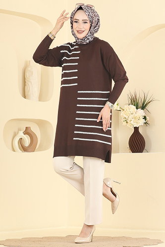 moda selvim Şerit Detaylı Merserize Triko 3281NVX1208 Acı Kahve - Thumbnail