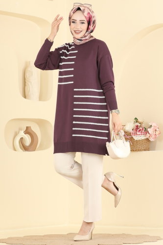 N.V.X. - Şerit Detaylı Merserize Triko 3281NVX1208 Mürdüm