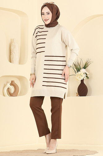 moda selvim Şerit Detaylı Merserize Triko 3281NVX1208 Taş - Thumbnail