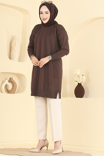 moda selvim Şerit Detaylı Merserize Tunik 3190NVX1208 Kahve - Thumbnail