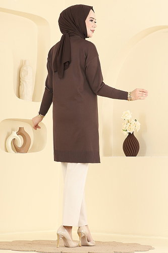 moda selvim Şerit Detaylı Merserize Tunik 3190NVX1208 Kahve - Thumbnail