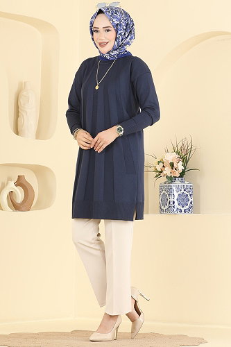 moda selvim Şerit Detaylı Merserize Tunik 3190NVX1208 Laci - Thumbnail