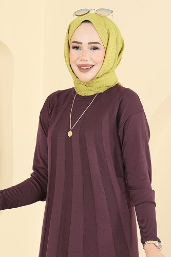 moda selvim Şerit Detaylı Merserize Tunik 3190NVX1208 Mürdüm - Thumbnail