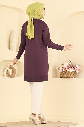 moda selvim Şerit Detaylı Merserize Tunik 3190NVX1208 Mürdüm - Thumbnail
