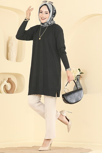 moda selvim Şerit Detaylı Merserize Tunik 3190NVX1208 Siyah - Thumbnail