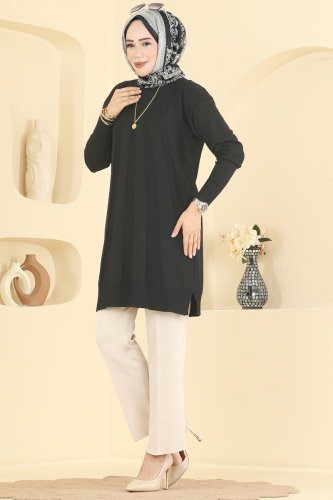 N.V.X. - Şerit Detaylı Merserize Tunik 3190NVX1208 Siyah