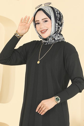 moda selvim Şerit Detaylı Merserize Tunik 3190NVX1208 Siyah - Thumbnail