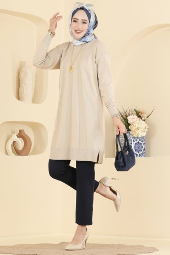 N.V.X. - Şerit Detaylı Merserize Tunik 3190NVX1208 Taş