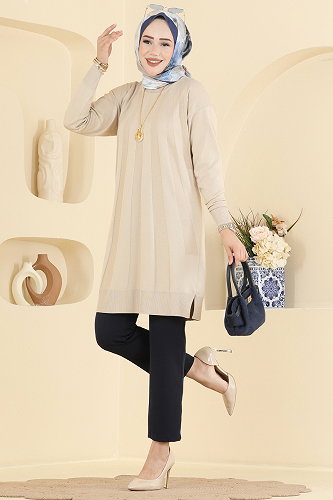 moda selvim Şerit Detaylı Merserize Tunik 3190NVX1208 Taş - Thumbnail