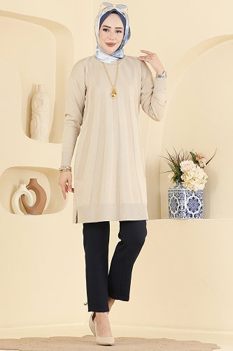 moda selvim Şerit Detaylı Merserize Tunik 3190NVX1208 Taş - Thumbnail