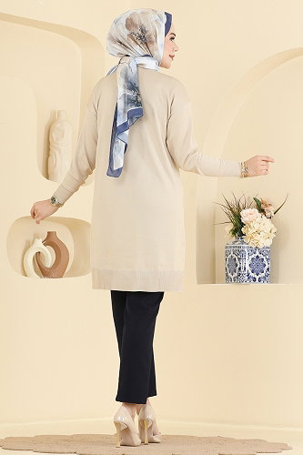 moda selvim Şerit Detaylı Merserize Tunik 3190NVX1208 Taş - Thumbnail