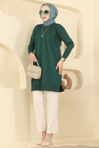 N.V.X. - Şerit Detaylı Merserize Tunik 3190NVX1208 Zümrüt