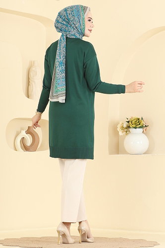 moda selvim Şerit Detaylı Merserize Tunik 3190NVX1208 Zümrüt - Thumbnail