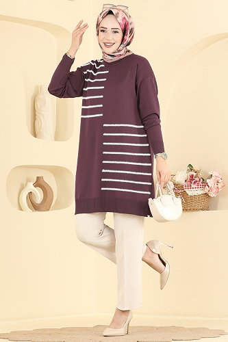 moda selvim Şerit Detaylı Merserize Tunik 3281NVX1208 Mürdüm - Thumbnail