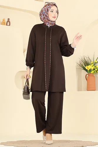 moda selvim Şerit Detaylı Modal Takım 2785AYD574 Kahve - Thumbnail