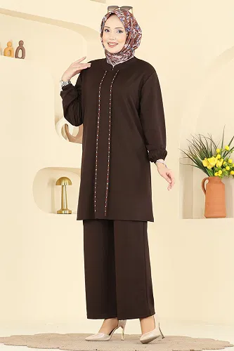 moda selvim Şerit Detaylı Modal Takım 2785AYD574 Kahve - Thumbnail