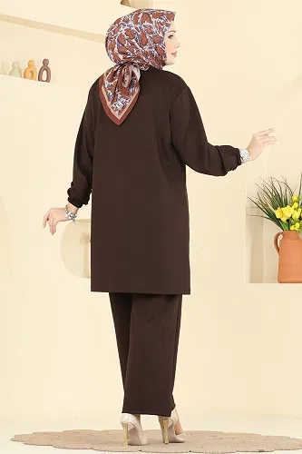moda selvim Şerit Detaylı Modal Takım 2785AYD574 Kahve - Thumbnail