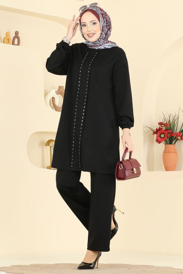 Modaselvim %20+%70 İNDİRİM Şerit Detaylı Modal Takım 2785AYD574 Siyah