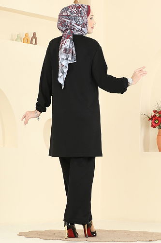 moda selvim Şerit Detaylı Modal Takım 2785AYD574 Siyah - Thumbnail