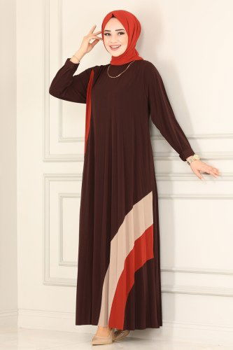 moda selvim Şerit Detaylı Sandy Elbise 1675AF356 Kahve - Thumbnail