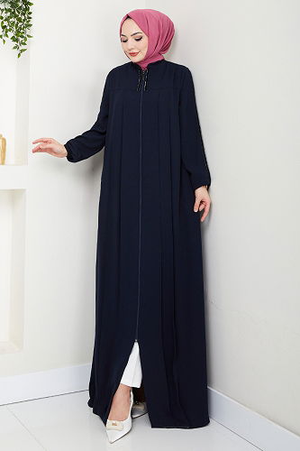 moda selvim Şerit Detaylı Tesettür Ferace 1007ESL1097-M Laci - Thumbnail