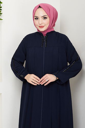 moda selvim Şerit Detaylı Tesettür Ferace 1007ESL1097-M Laci - Thumbnail