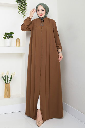 moda selvim Şerit Detaylı Tesettür Ferace 1007ESL1097-M Taba - Thumbnail